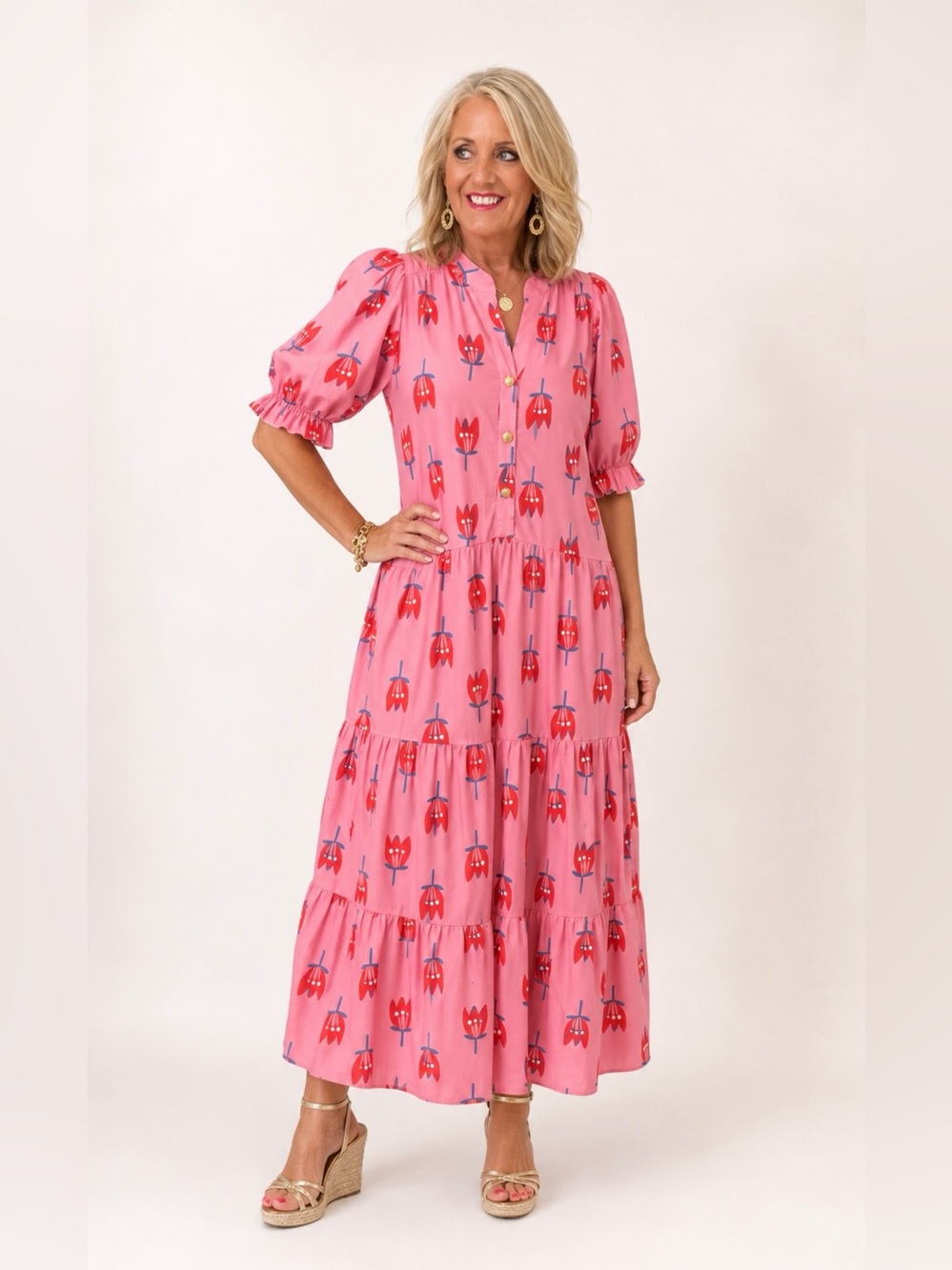 Pink Floral Tiered Maxi Dress Size Large NWOT